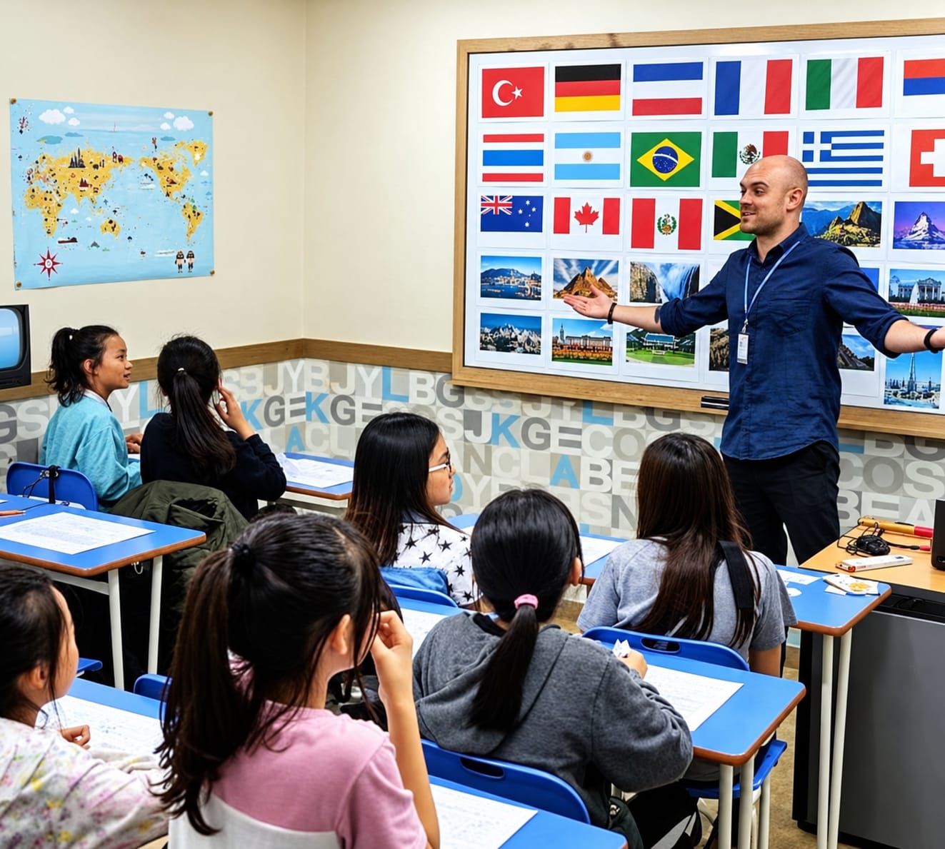 Mattheus teaching a school-age English class in South Korea